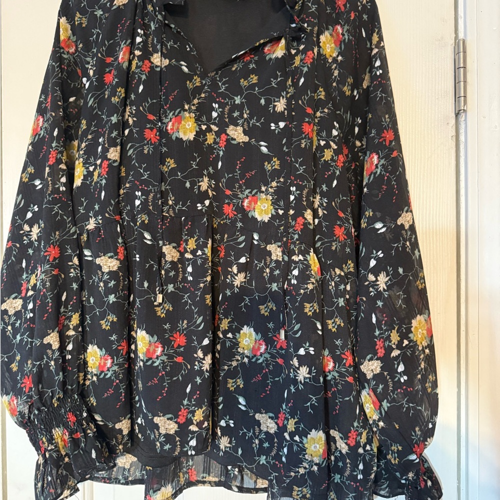 Entro Black Floral Blouse with Red and Yellow Accents